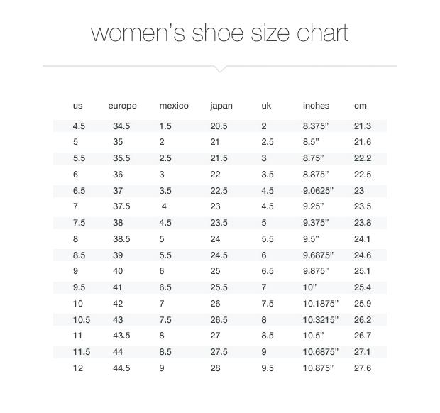 ladies sandal size chart